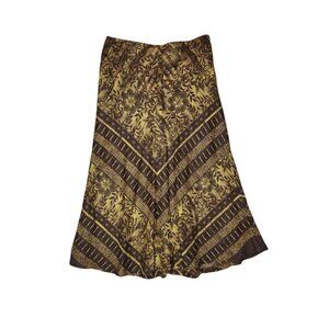 Vintage R.Q.T. Brown Yellow Floral Boho A-Line Linen Cotton Midi/Maxi Skirt 8